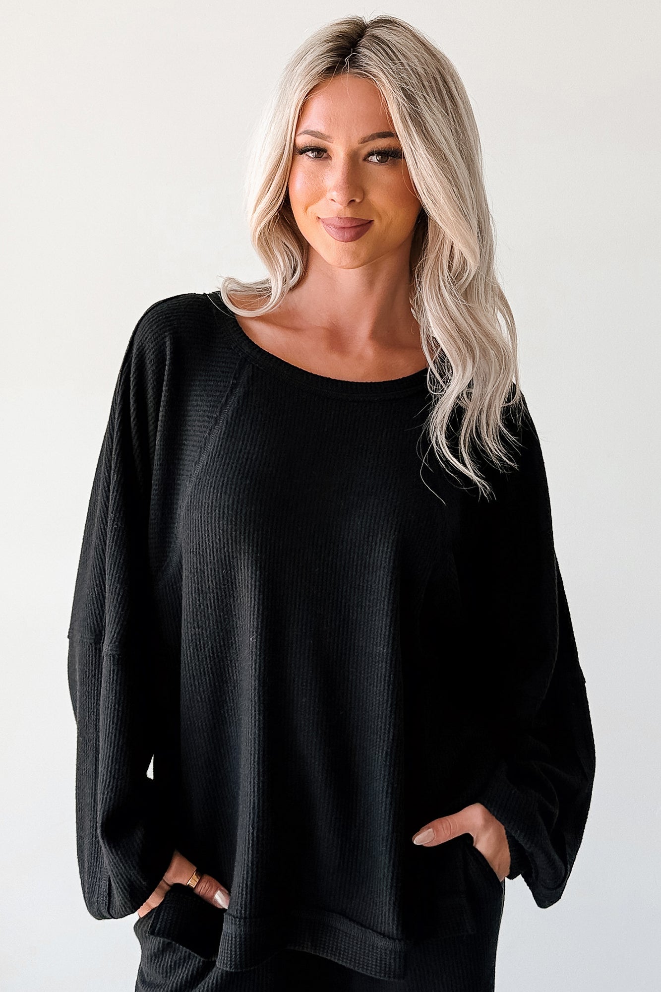 Still Breathing Waffle Knit Long Sleeve Top (Black) - NanaMacs