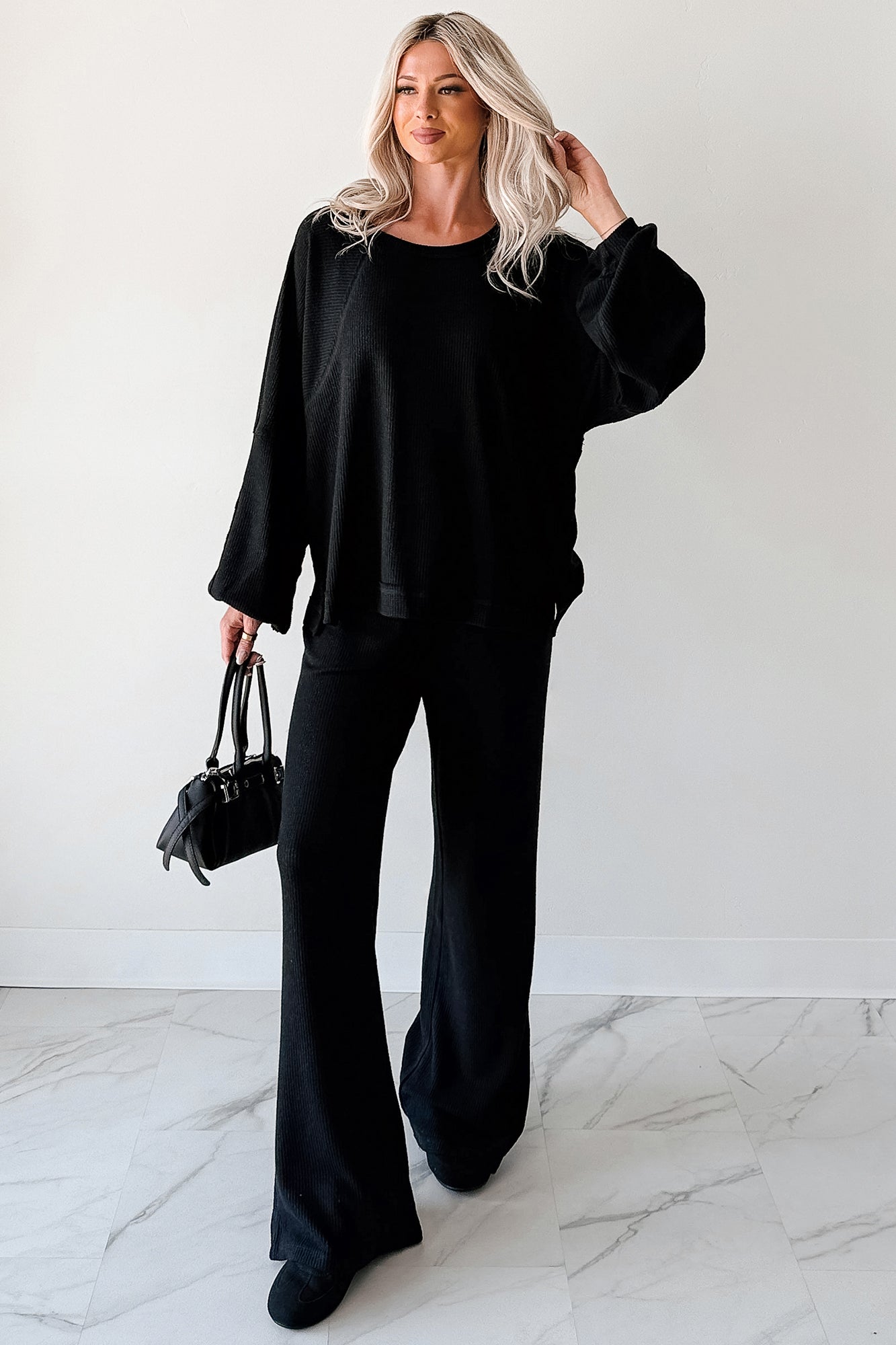 Beyond Horizons Waffle Knit Wide Leg Pants (Black) · NanaMacs