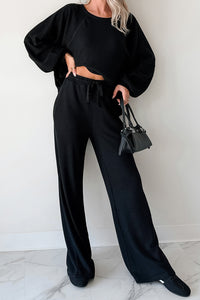 Beyond Horizons Waffle Knit Wide Leg Pants (Black) - NanaMacs