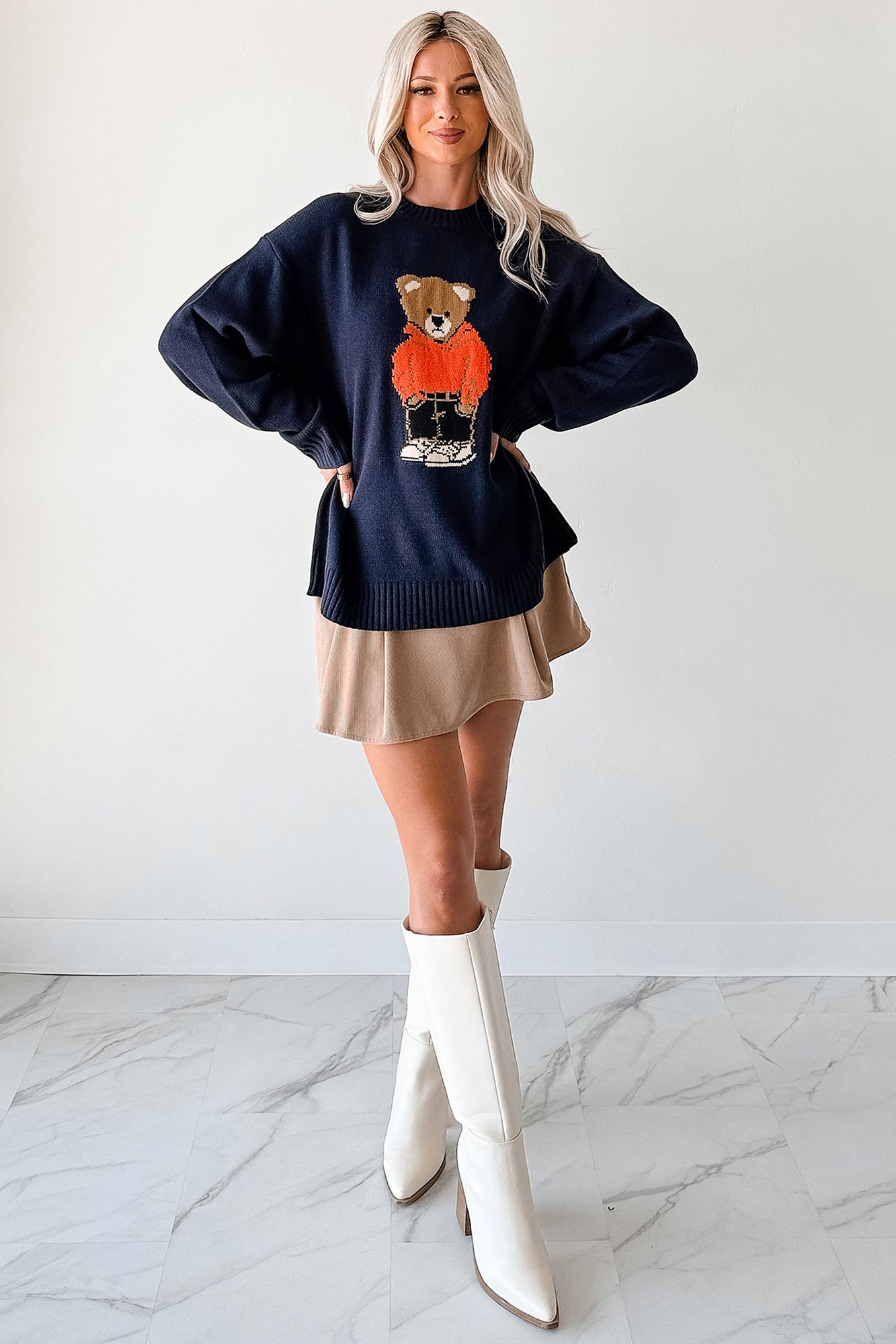 Dimming Lights Cable Knit Bear Sweater (Navy) - NanaMacs