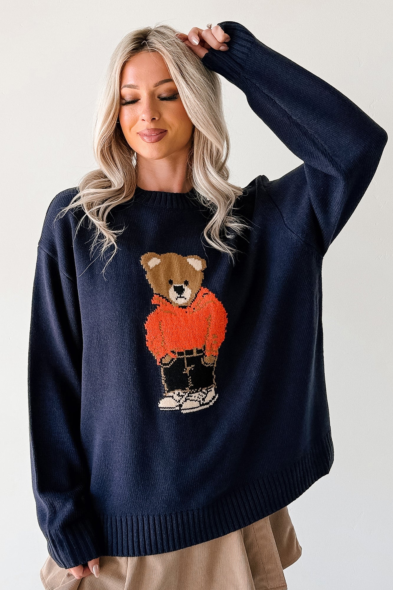 Dimming Lights Cable Knit Bear Sweater (Navy) - NanaMacs