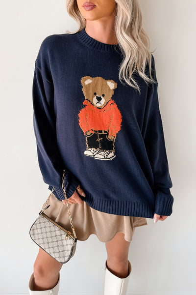 Dimming Lights Cable Knit Bear Sweater (Navy) - NanaMacs