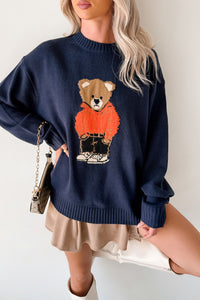 Dimming Lights Cable Knit Bear Sweater (Navy) - NanaMacs