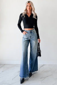 Deedra Ribbed Zip-Up Top (Black) - NanaMacs