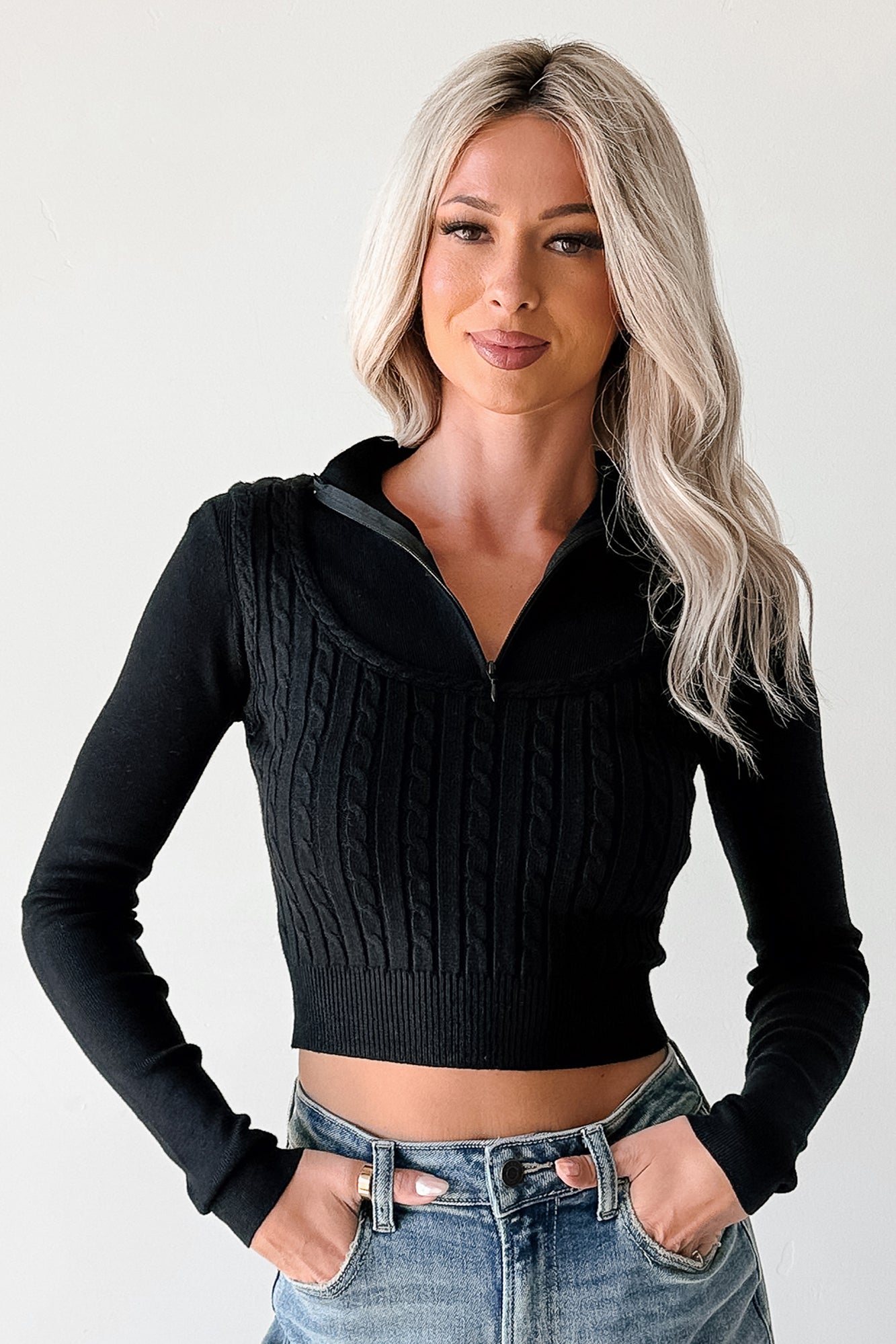 Deedra Ribbed Zip-Up Top (Black) - NanaMacs