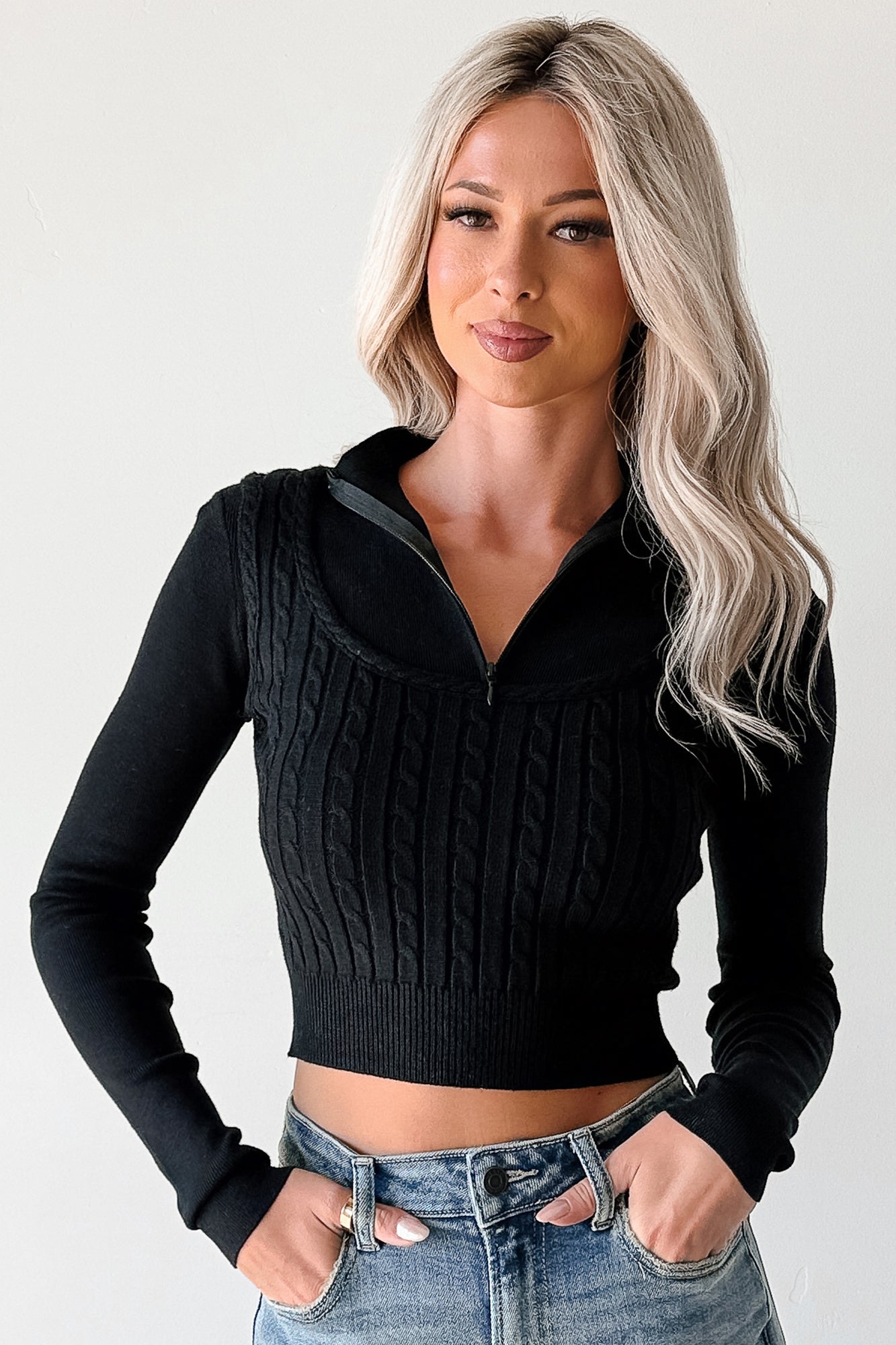 Deedra Ribbed Zip-Up Top (Black) - NanaMacs