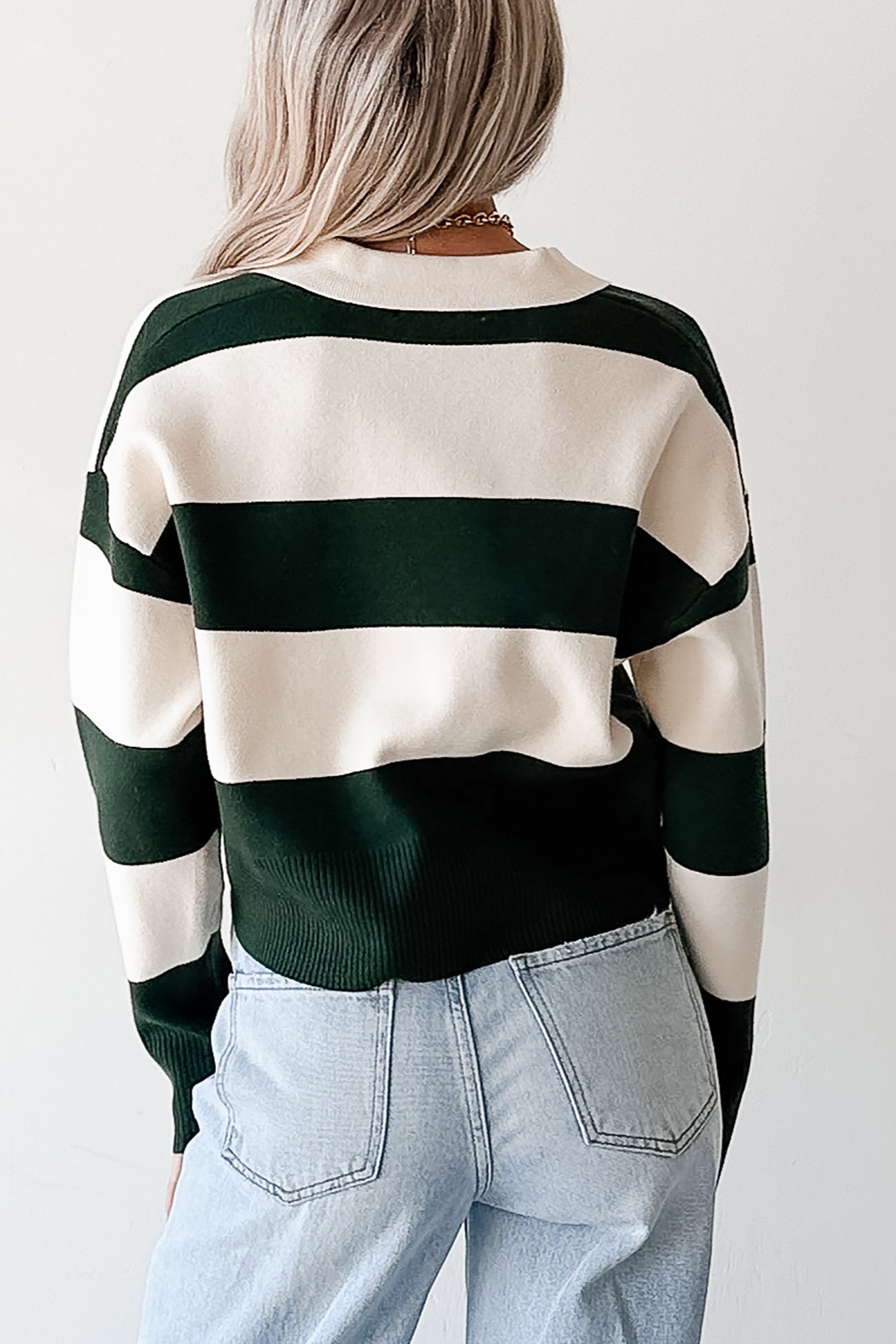 Courtside Cool Striped Collared Sweater (Hunter Green/Ivory) - NanaMacs