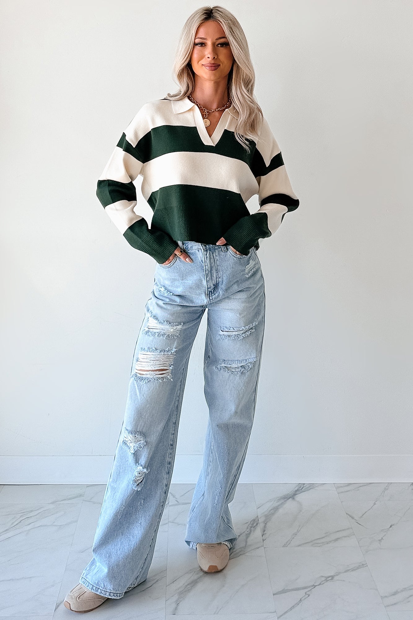 Courtside Cool Striped Collared Sweater (Hunter Green/Ivory) - NanaMacs