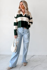 Courtside Cool Striped Collared Sweater (Hunter Green/Ivory) - NanaMacs
