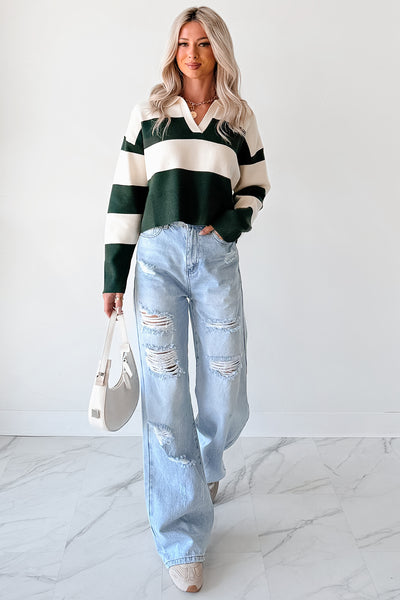 Courtside Cool Striped Collared Sweater (Hunter Green/Ivory) - NanaMacs