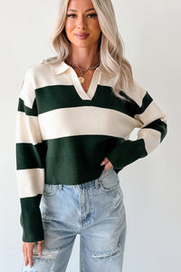 Courtside Cool Striped Collared Sweater (Hunter Green/Ivory) - NanaMacs