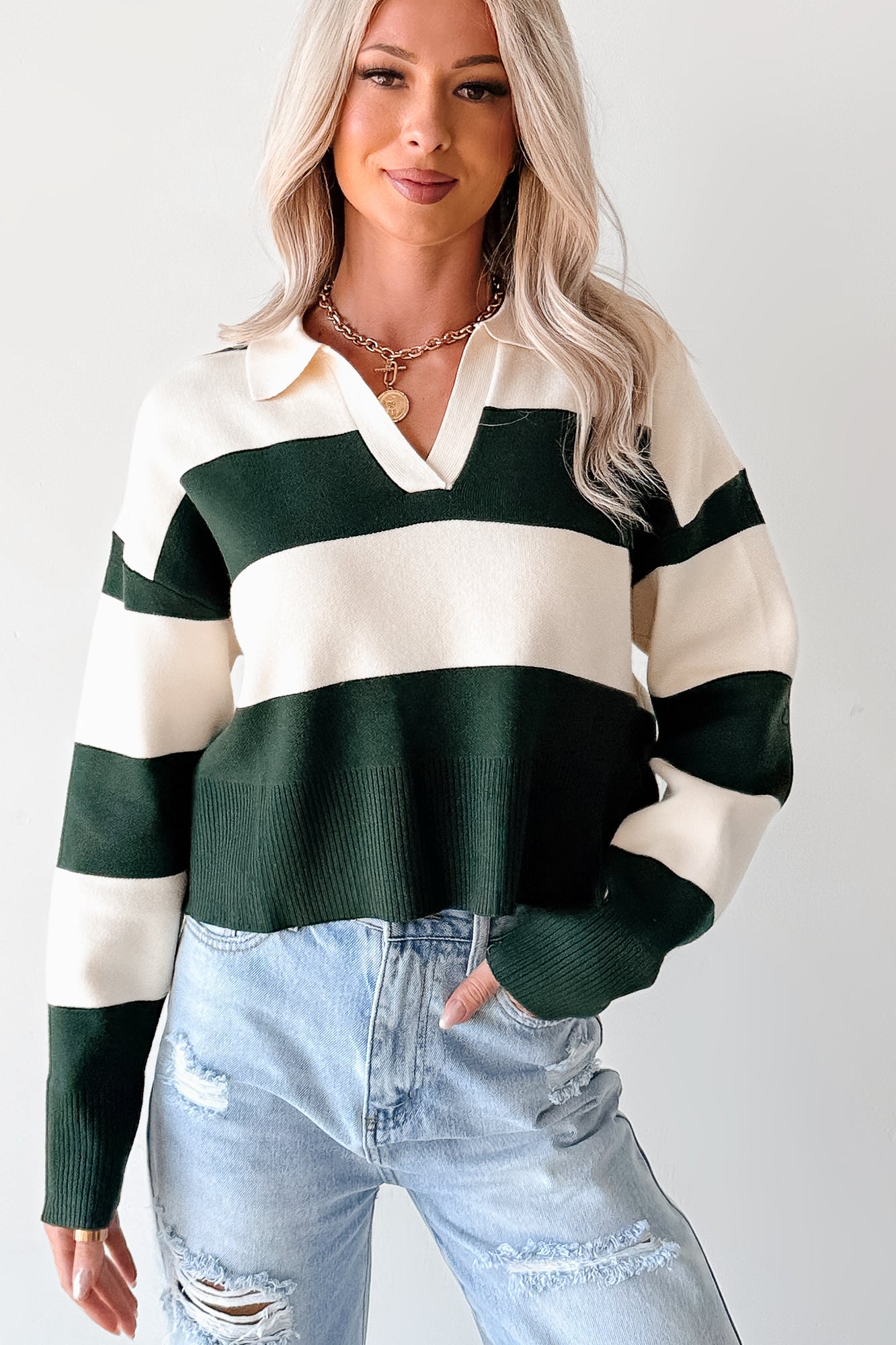 Courtside Cool Striped Collared Sweater (Hunter Green/Ivory) - NanaMacs