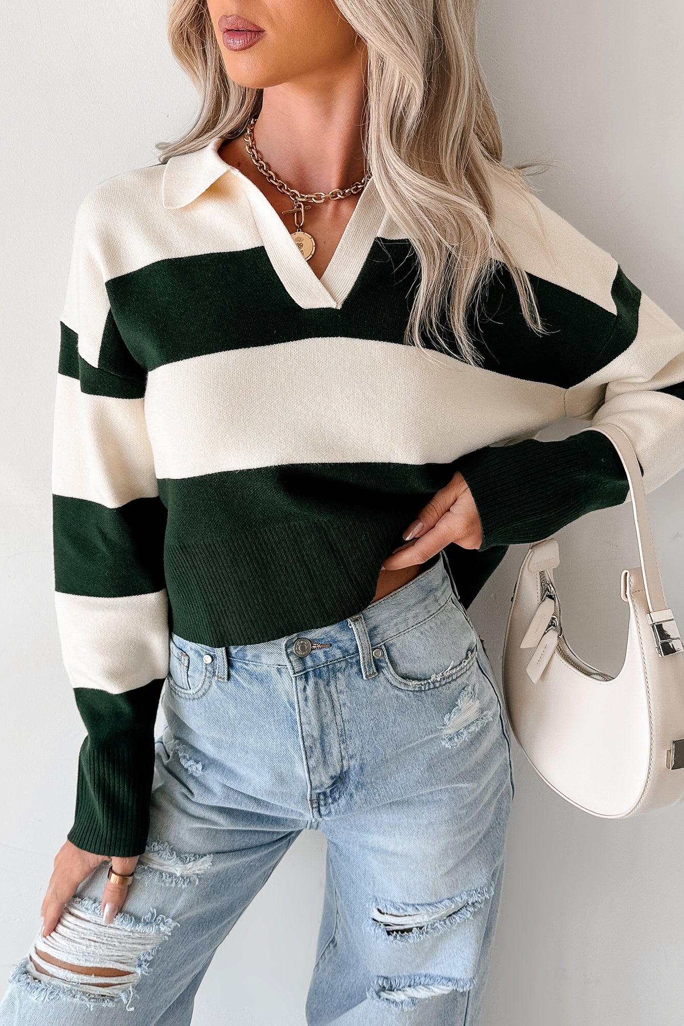 Courtside Cool Striped Collared Sweater (Hunter Green/Ivory) - NanaMacs