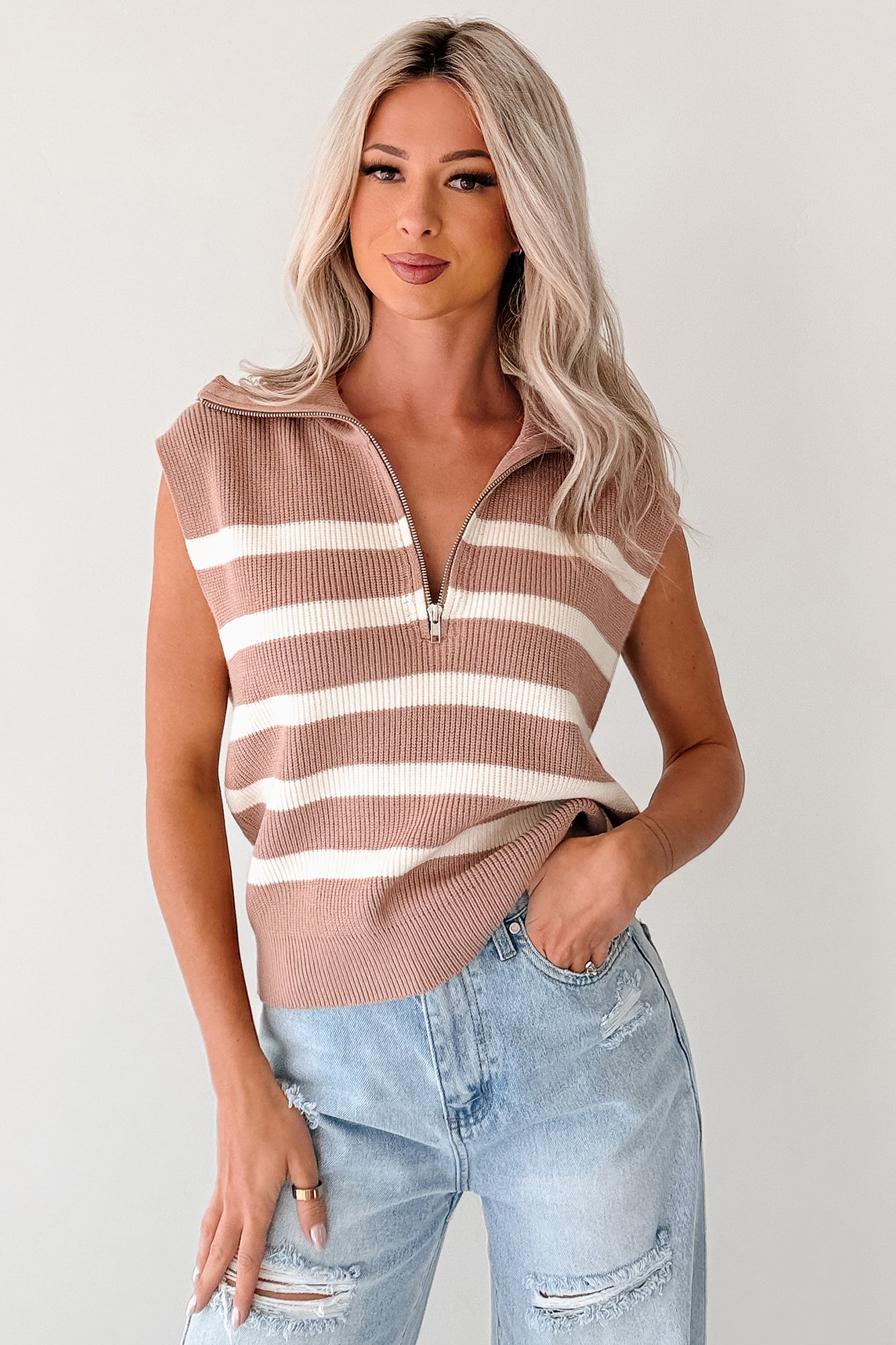Daily Joys Striped Half-Zip Sweater Vest (Taupe/Cream) - NanaMacs