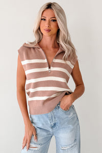 Daily Joys Striped Half-Zip Sweater Vest (Taupe/Cream) - NanaMacs