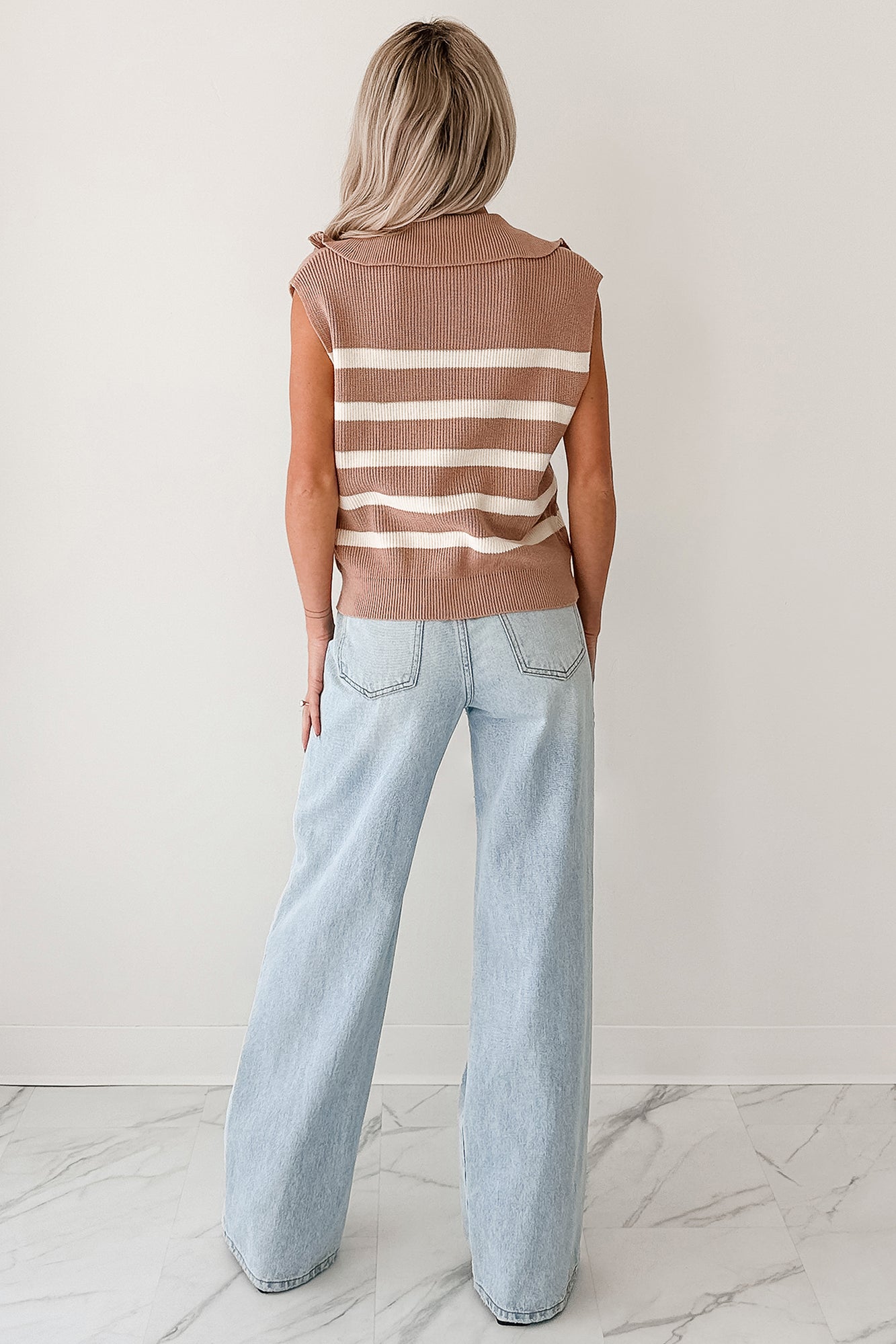 Daily Joys Striped Half-Zip Sweater Vest (Taupe/Cream) - NanaMacs