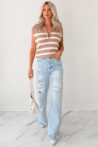 Daily Joys Striped Half-Zip Sweater Vest (Taupe/Cream) - NanaMacs