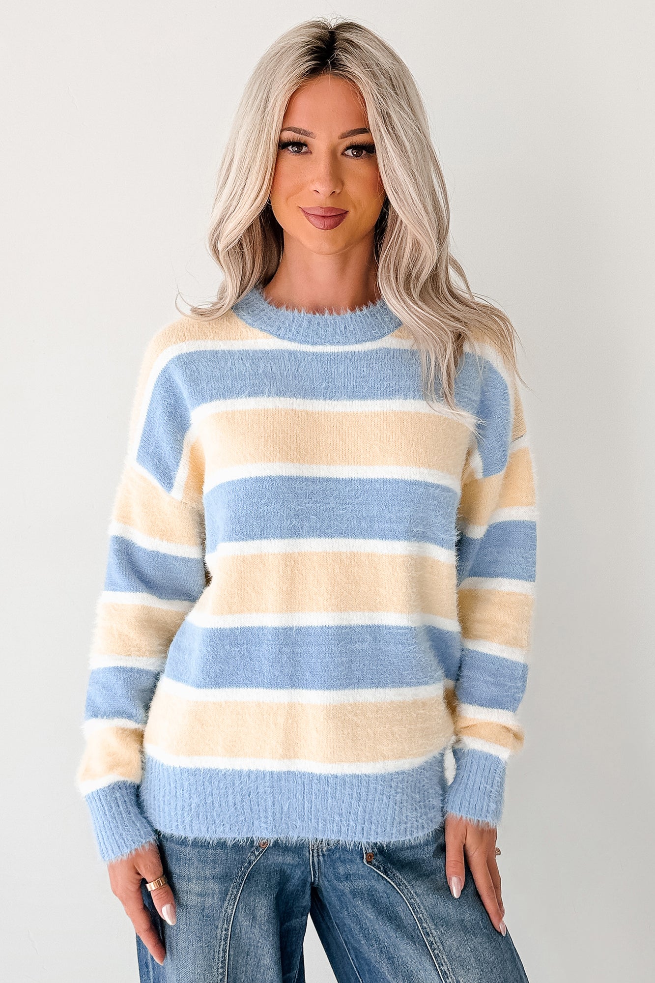 Soft Sentiments Papermoon Striped Fuzzy Sweater (Light Yellow/Light Blue) - NanaMacs