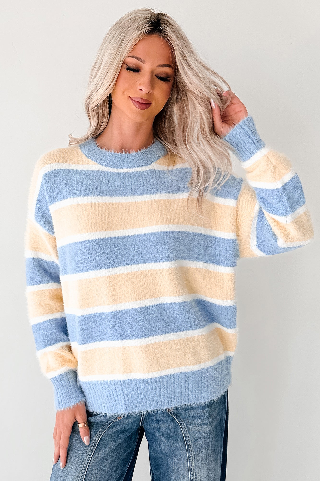 Soft Sentiments Papermoon Striped Fuzzy Sweater (Light Yellow/Light Blue) - NanaMacs
