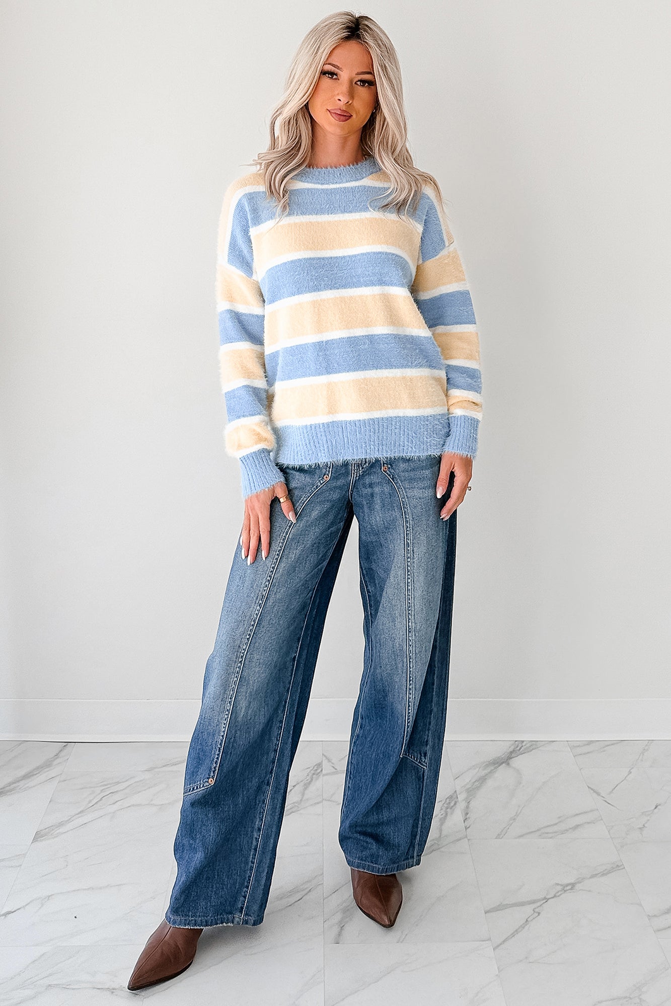 Soft Sentiments Papermoon Striped Fuzzy Sweater (Light Yellow/Light Blue) - NanaMacs