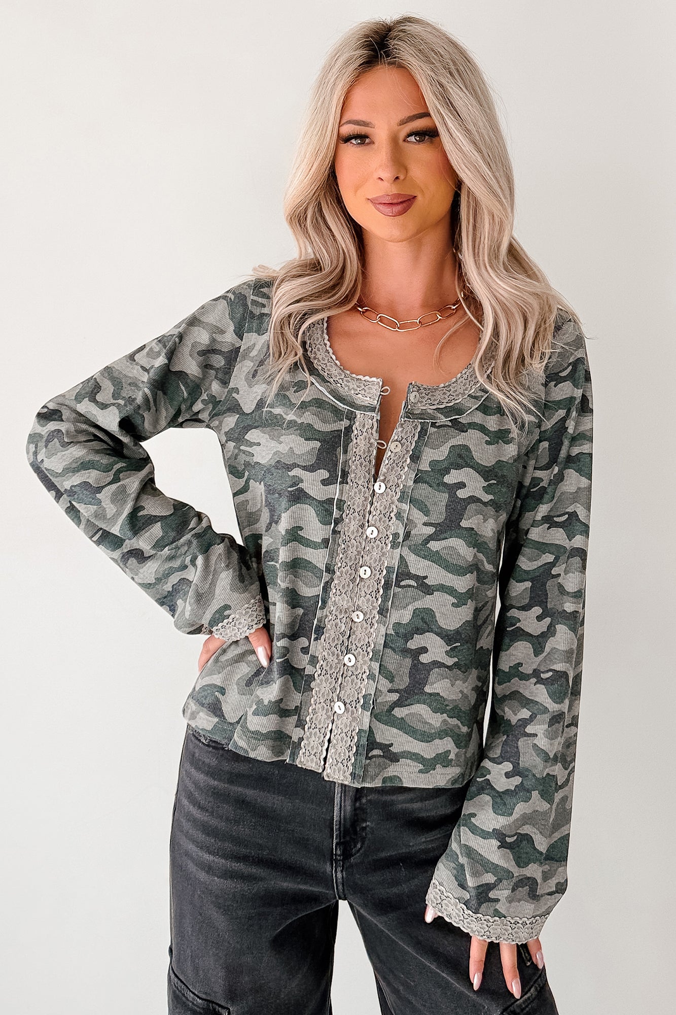 Fierce & Free Camo POL Long Sleeve Top (Olive/Camo) - NanaMacs