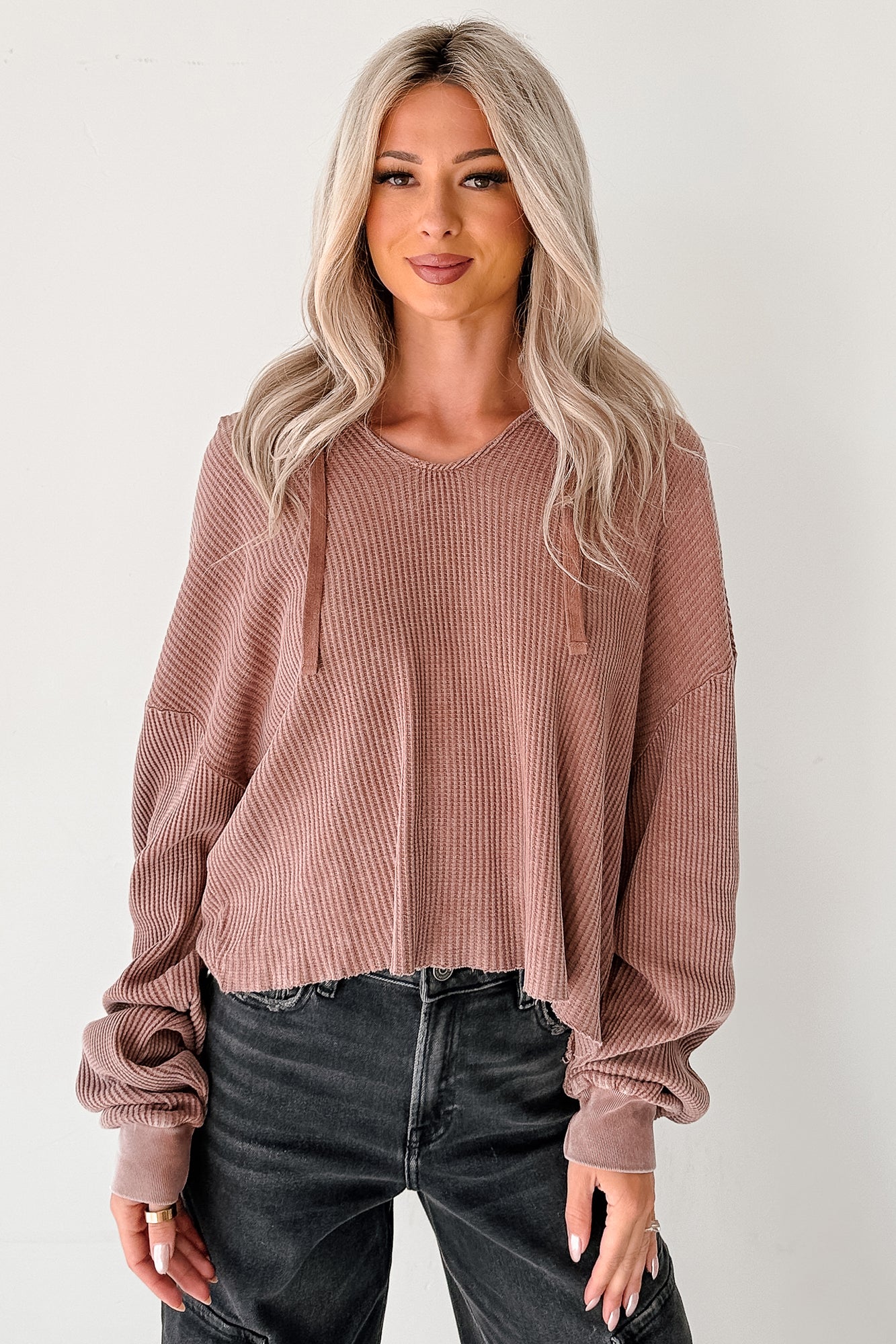 Take You There Mineral Washed Waffle Knit Hoodie (Chestnut) - NanaMacs