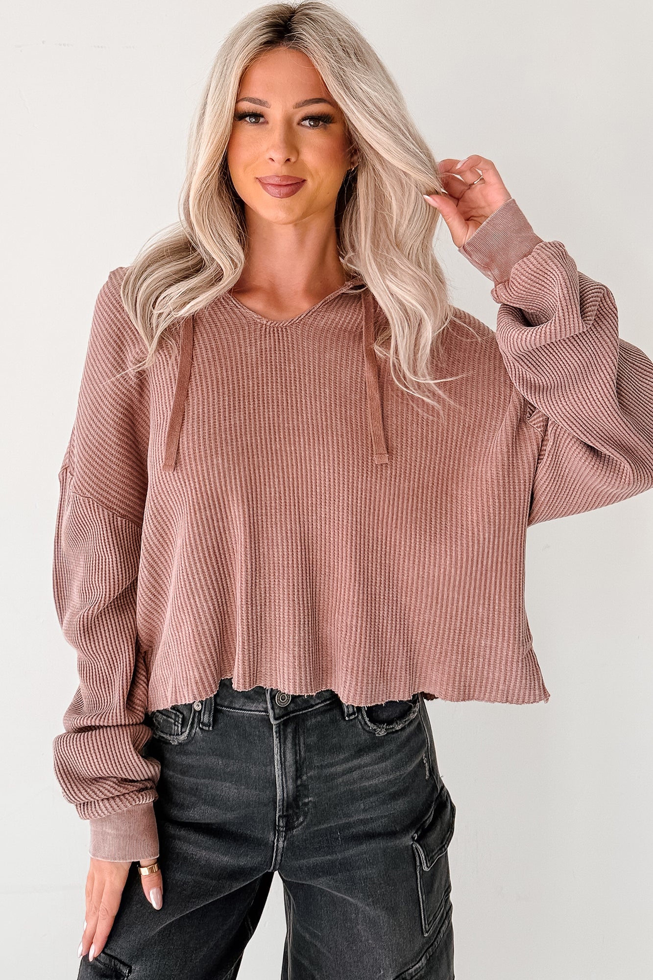 Take You There Mineral Washed Waffle Knit Hoodie (Chestnut) - NanaMacs