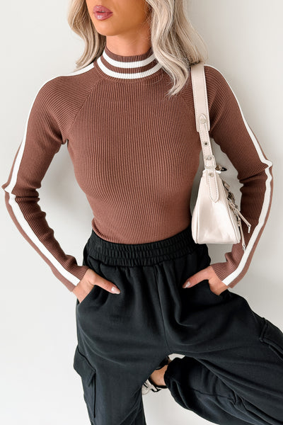 It Just Clicks Striped Mock Neck Bodysuit (Mocha/White) - NanaMacs