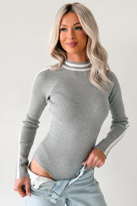 It Just Clicks Striped Mock Neck Bodysuit (H.Grey/White) - NanaMacs