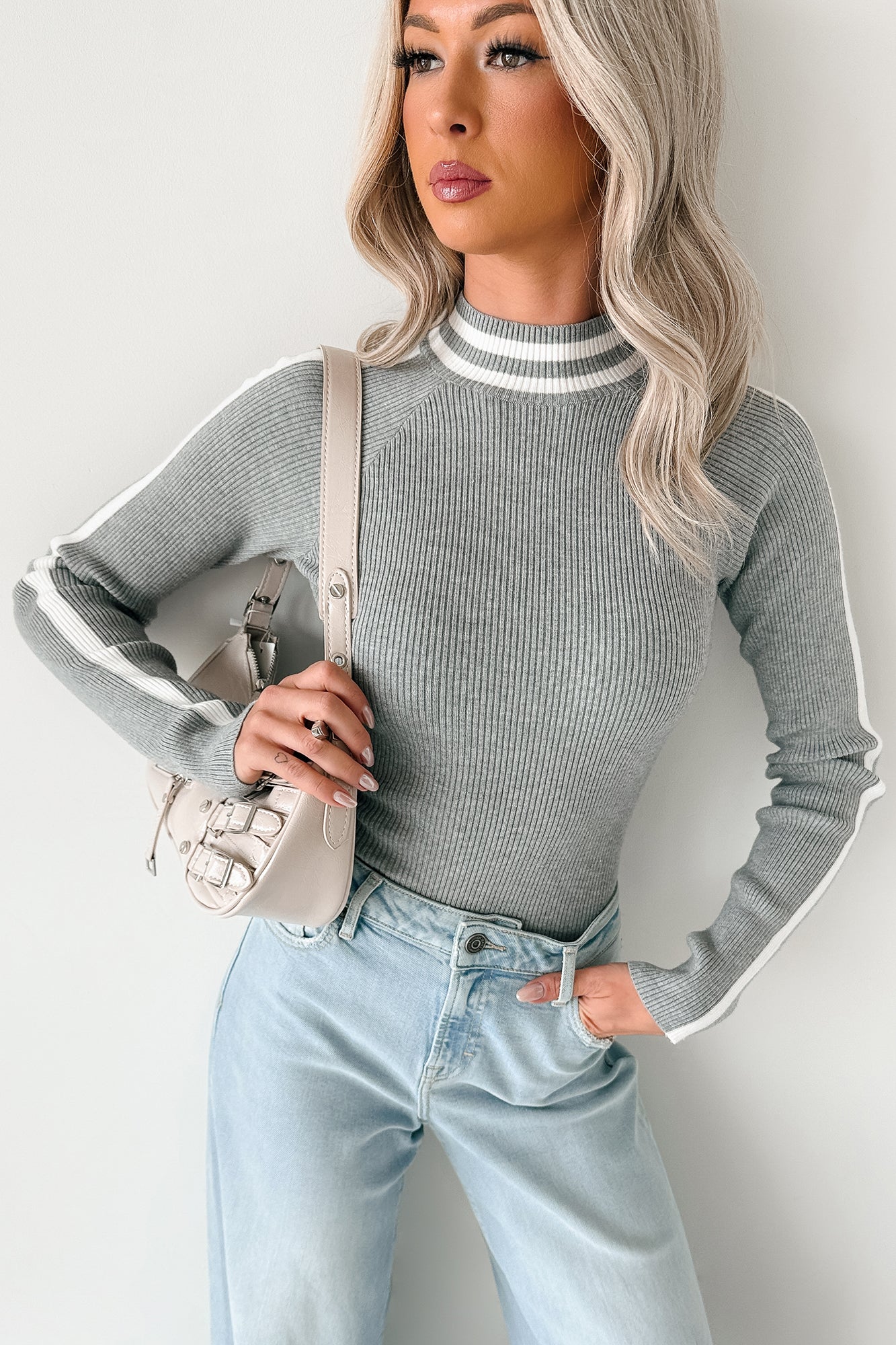It Just Clicks Striped Mock Neck Bodysuit (H.Grey/White) - NanaMacs