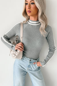 It Just Clicks Striped Mock Neck Bodysuit (H.Grey/White) - NanaMacs