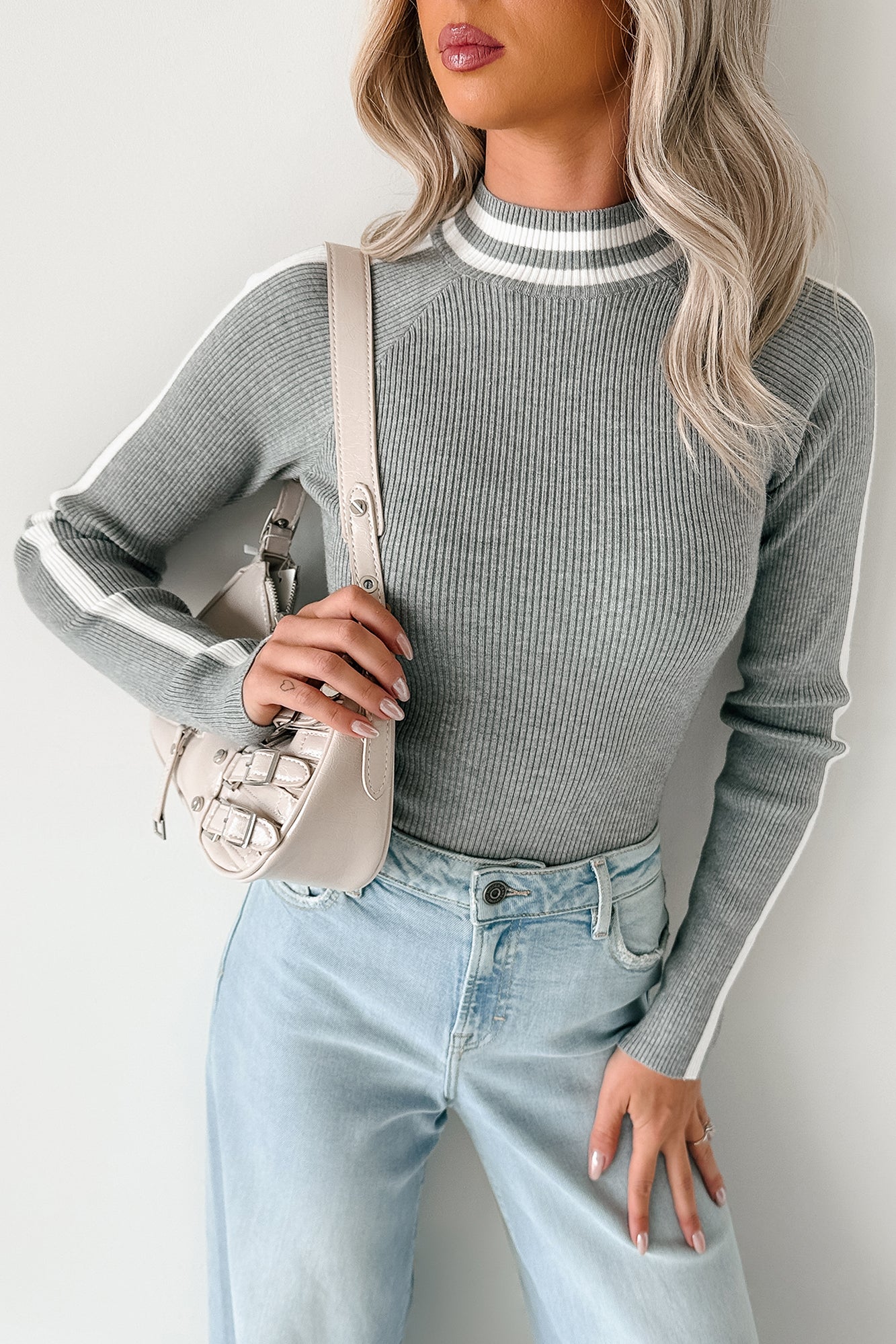 It Just Clicks Striped Mock Neck Bodysuit (H.Grey/White) - NanaMacs