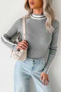 It Just Clicks Striped Mock Neck Bodysuit (H.Grey/White) - NanaMacs
