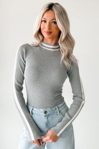 It Just Clicks Striped Mock Neck Bodysuit (H.Grey/White) - NanaMacs
