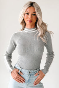 It Just Clicks Striped Mock Neck Bodysuit (H.Grey/White) - NanaMacs
