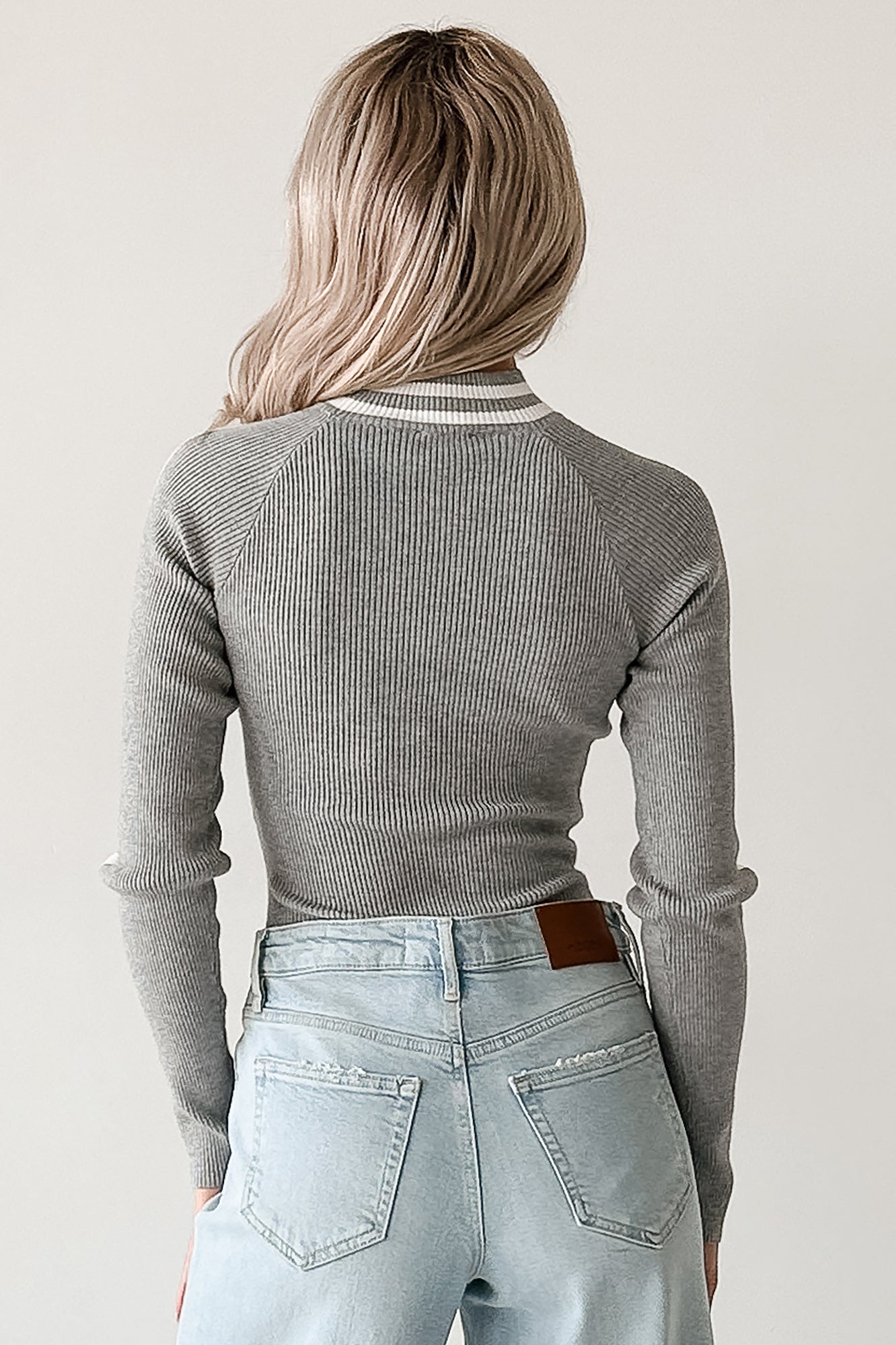 It Just Clicks Striped Mock Neck Bodysuit (H.Grey/White) - NanaMacs