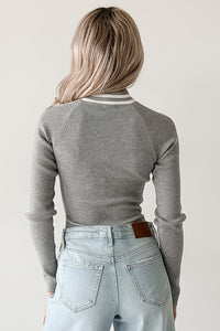 It Just Clicks Striped Mock Neck Bodysuit (H.Grey/White) - NanaMacs