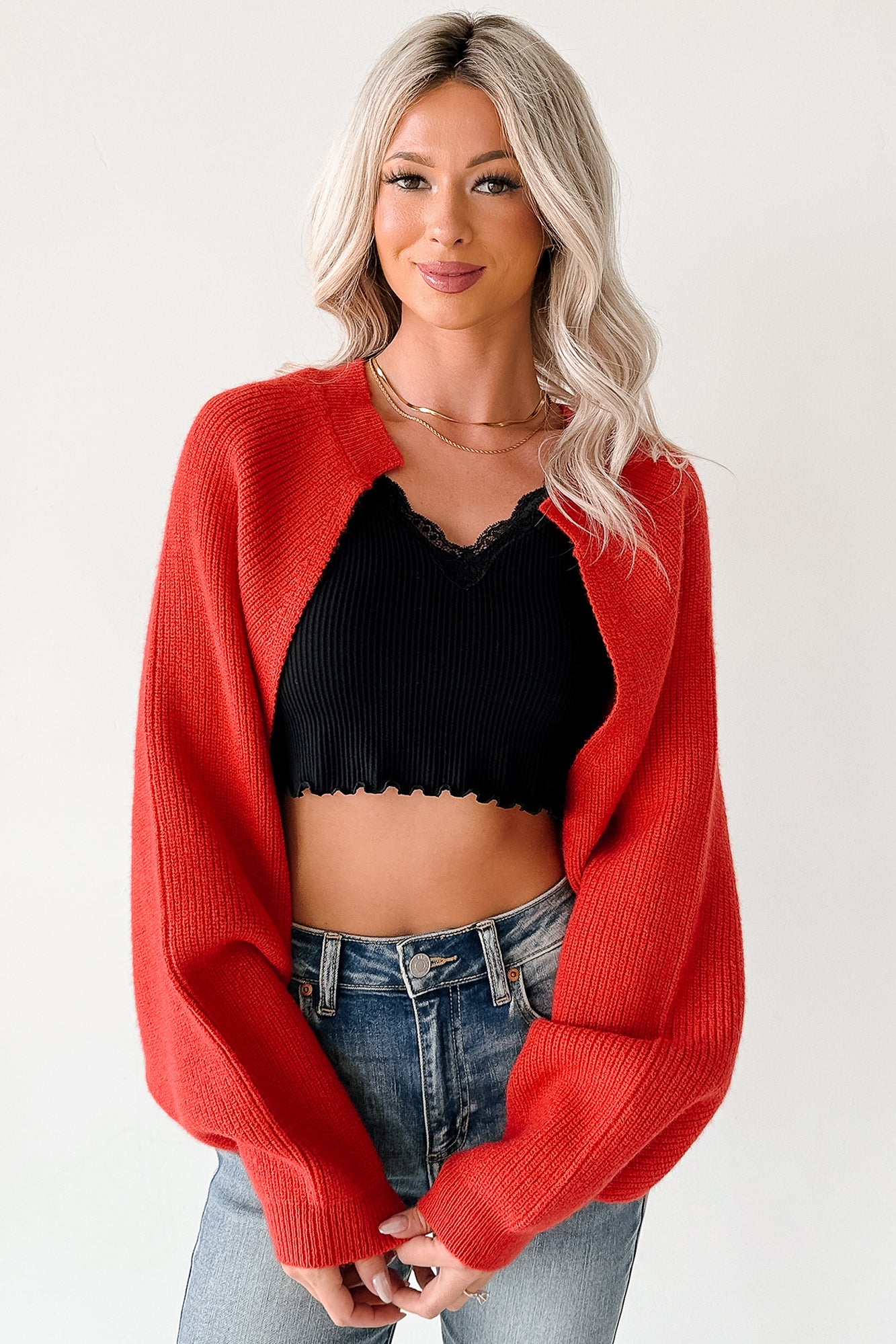 Moonlit Quiet Open Front Bolero Cardigan (Orange/Red) · NanaMacs