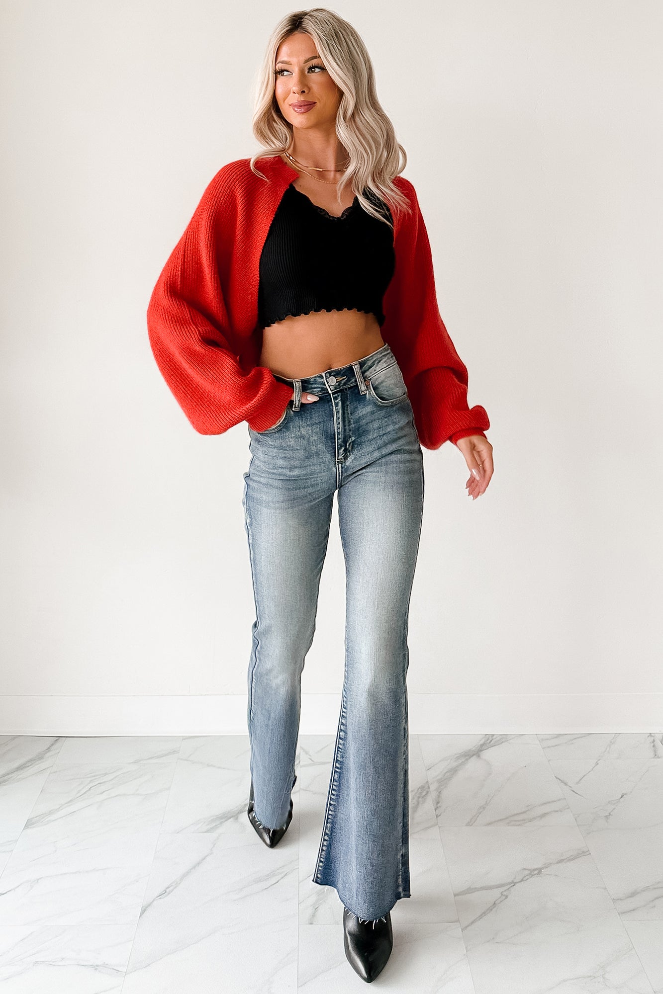 Moonlit Quiet Open Front Bolero Cardigan (Orange/Red) · NanaMacs