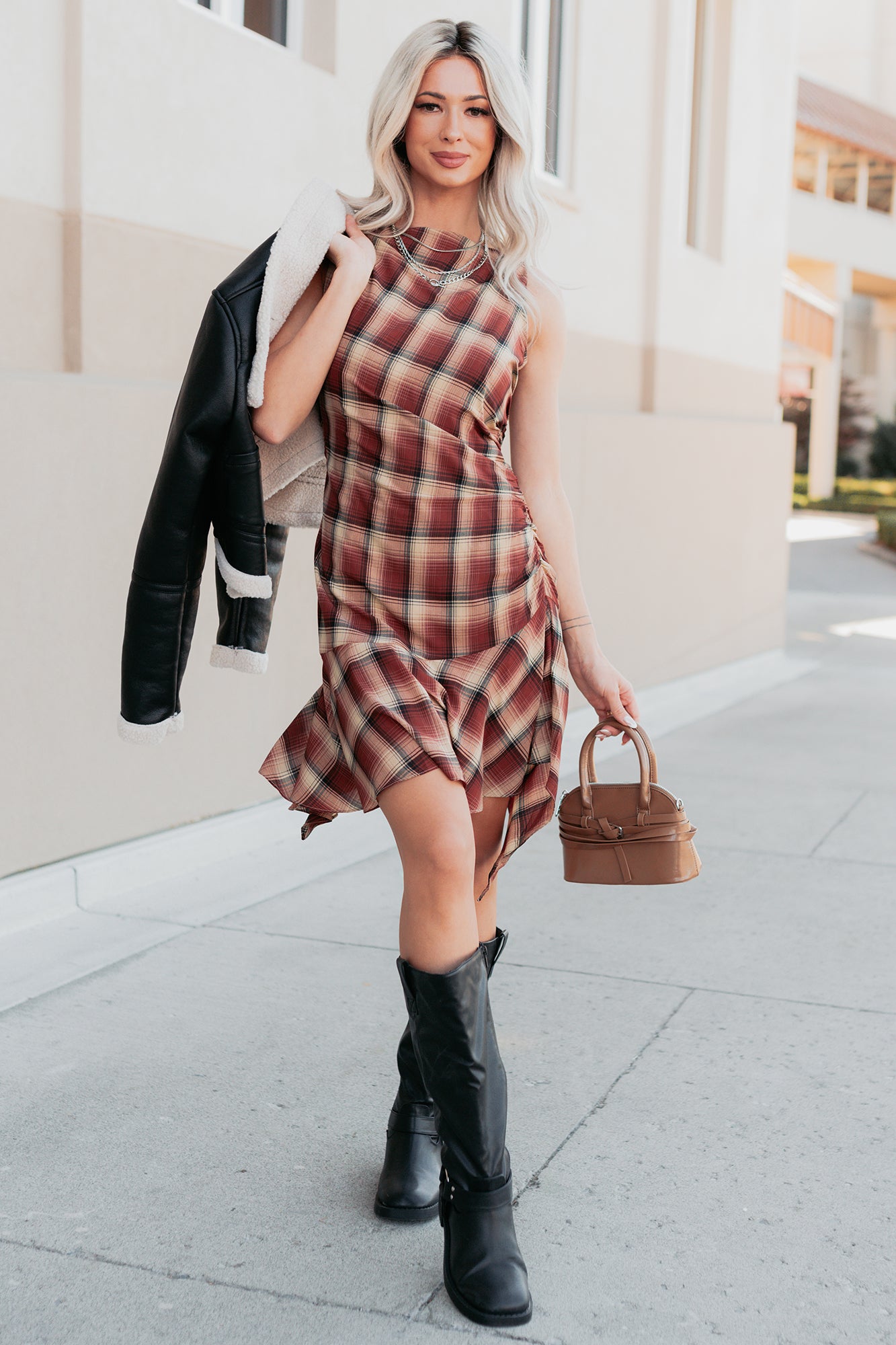 Purely Hers Sleeveless Plaid Mini Dress (Rust Plaid) - NanaMacs