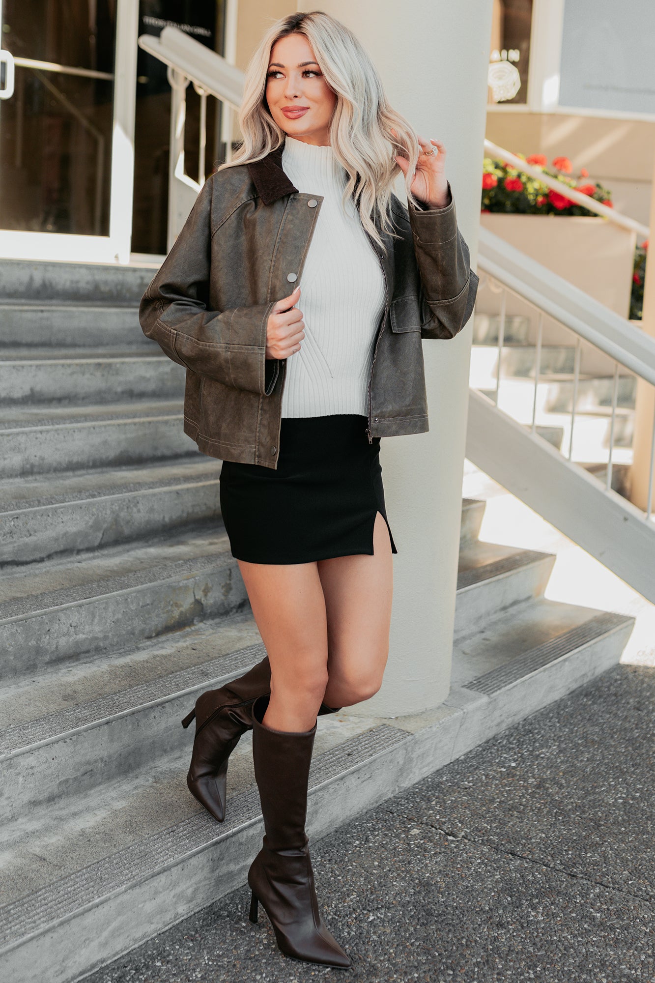 Calmly Chic Washed Faux Leather Jacket (Brown) - NanaMacs