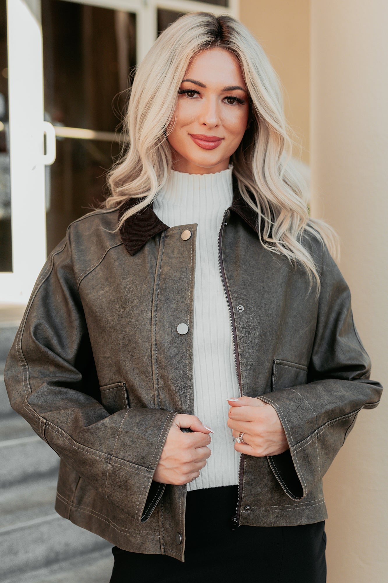 Calmly Chic Washed Faux Leather Jacket (Brown) - NanaMacs