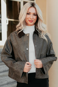 Calmly Chic Washed Faux Leather Jacket (Brown) - NanaMacs