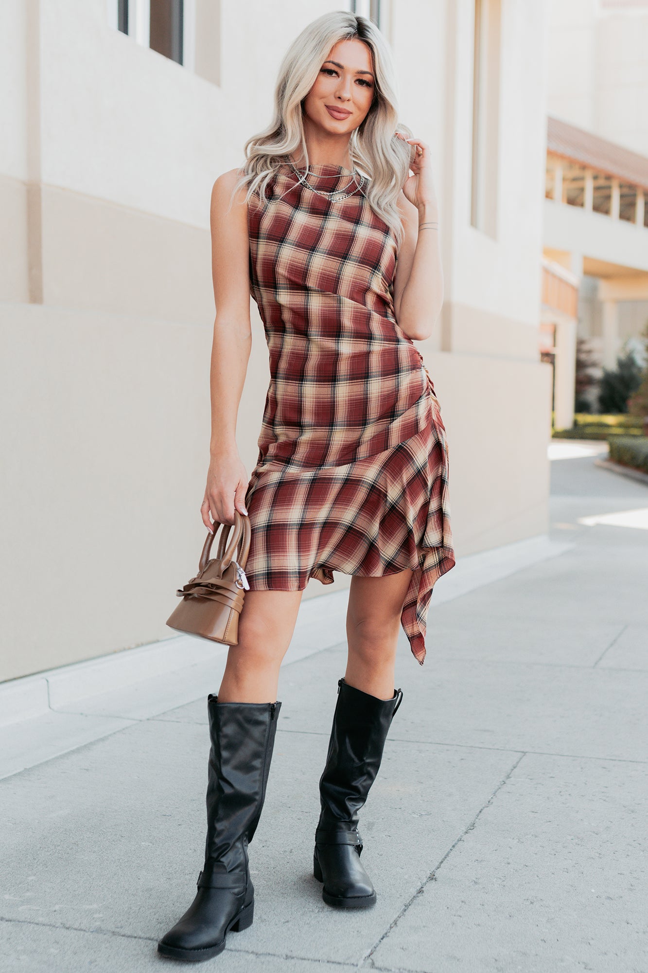 women's plaid dress Red Holiday Maxi with Bows Christmas Party Outfit sleeveless and below Red Tartan Long Sleeve Tunic