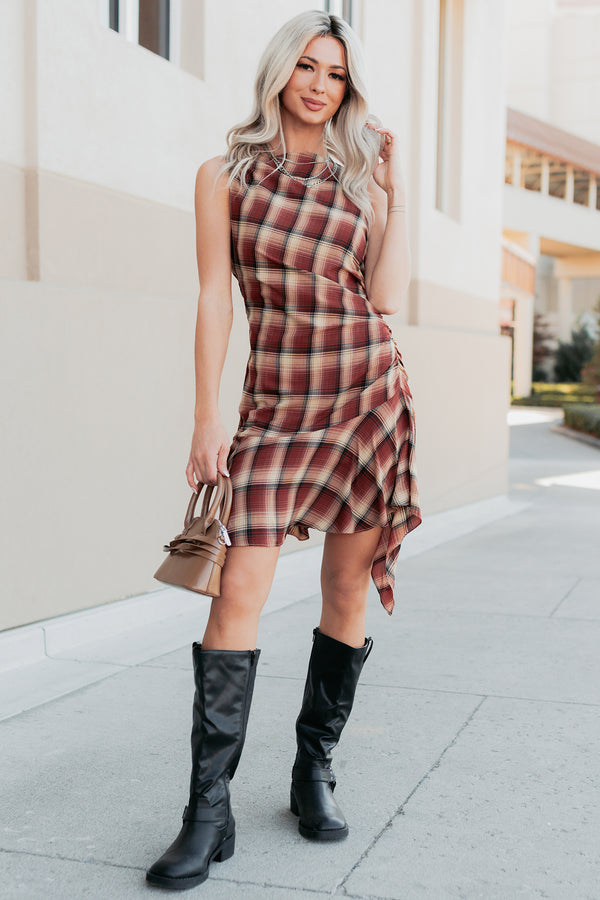 Purely Hers Sleeveless Plaid Mini Dress (Rust Plaid) - NanaMacs