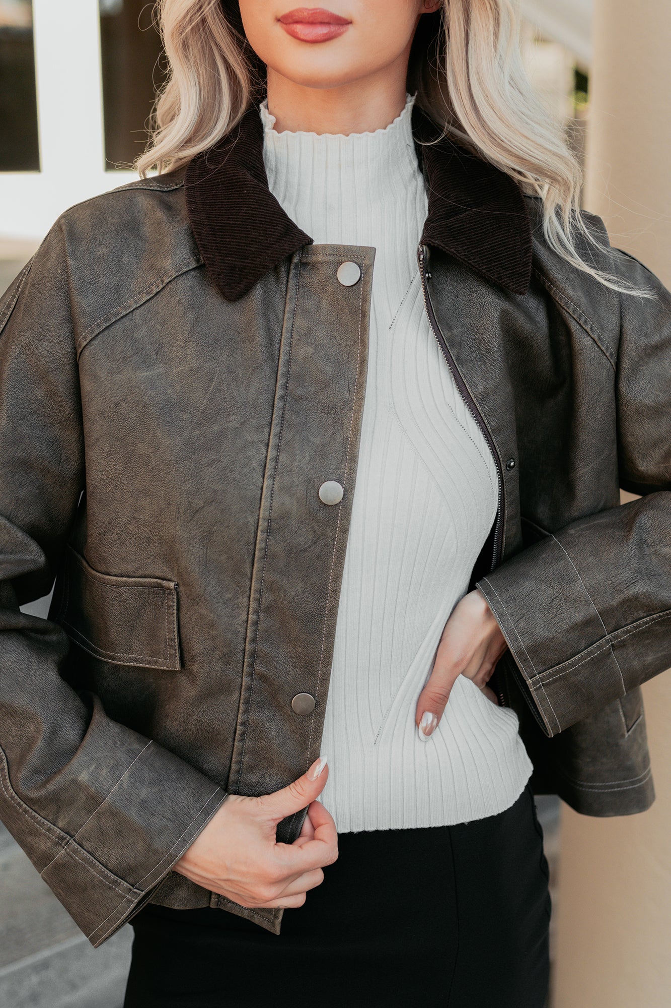 Calmly Chic Washed Faux Leather Jacket (Brown) - NanaMacs