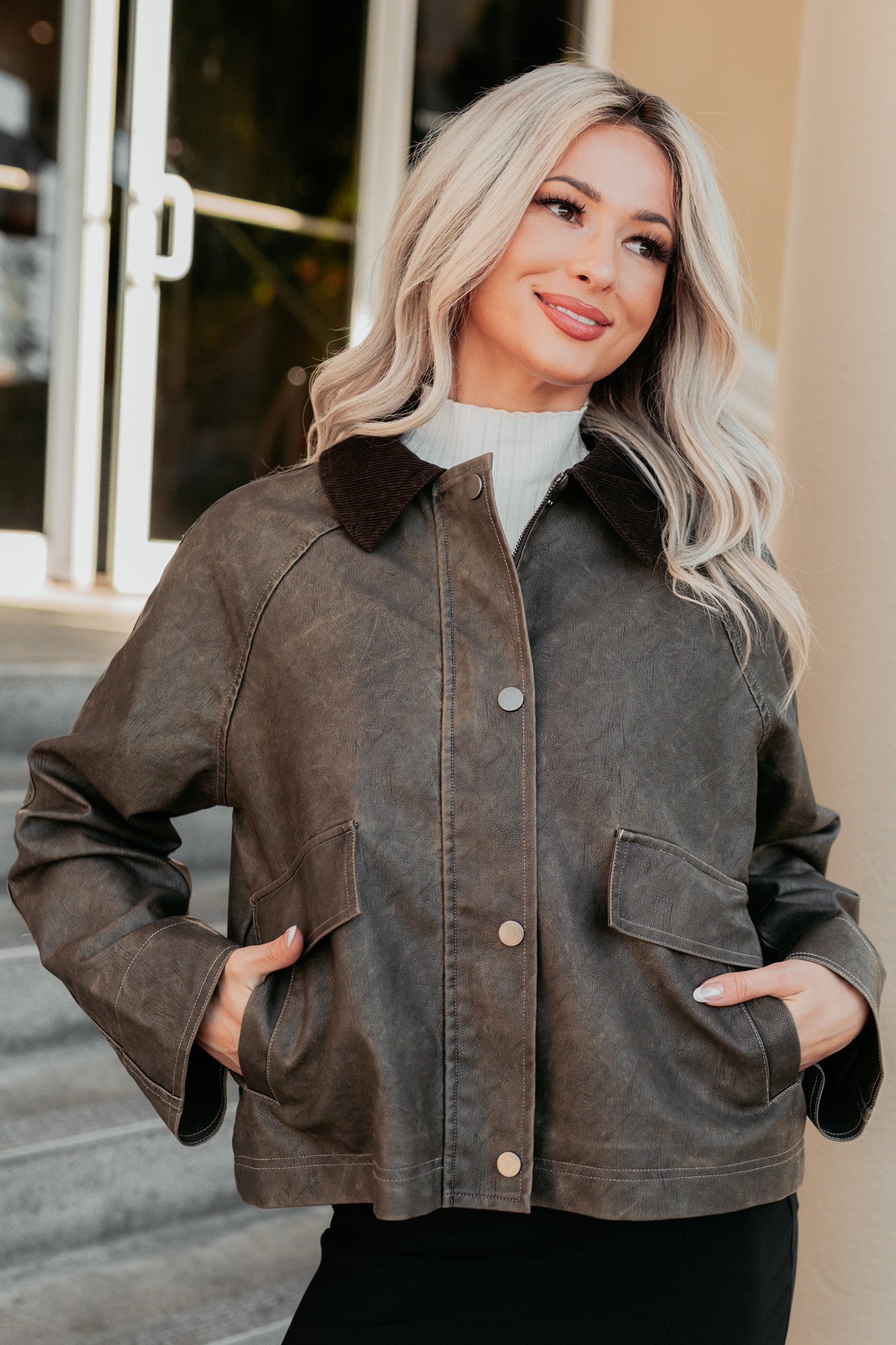 Calmly Chic Washed Faux Leather Jacket (Brown) - NanaMacs
