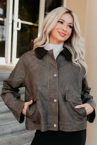 Calmly Chic Washed Faux Leather Jacket (Brown) - NanaMacs