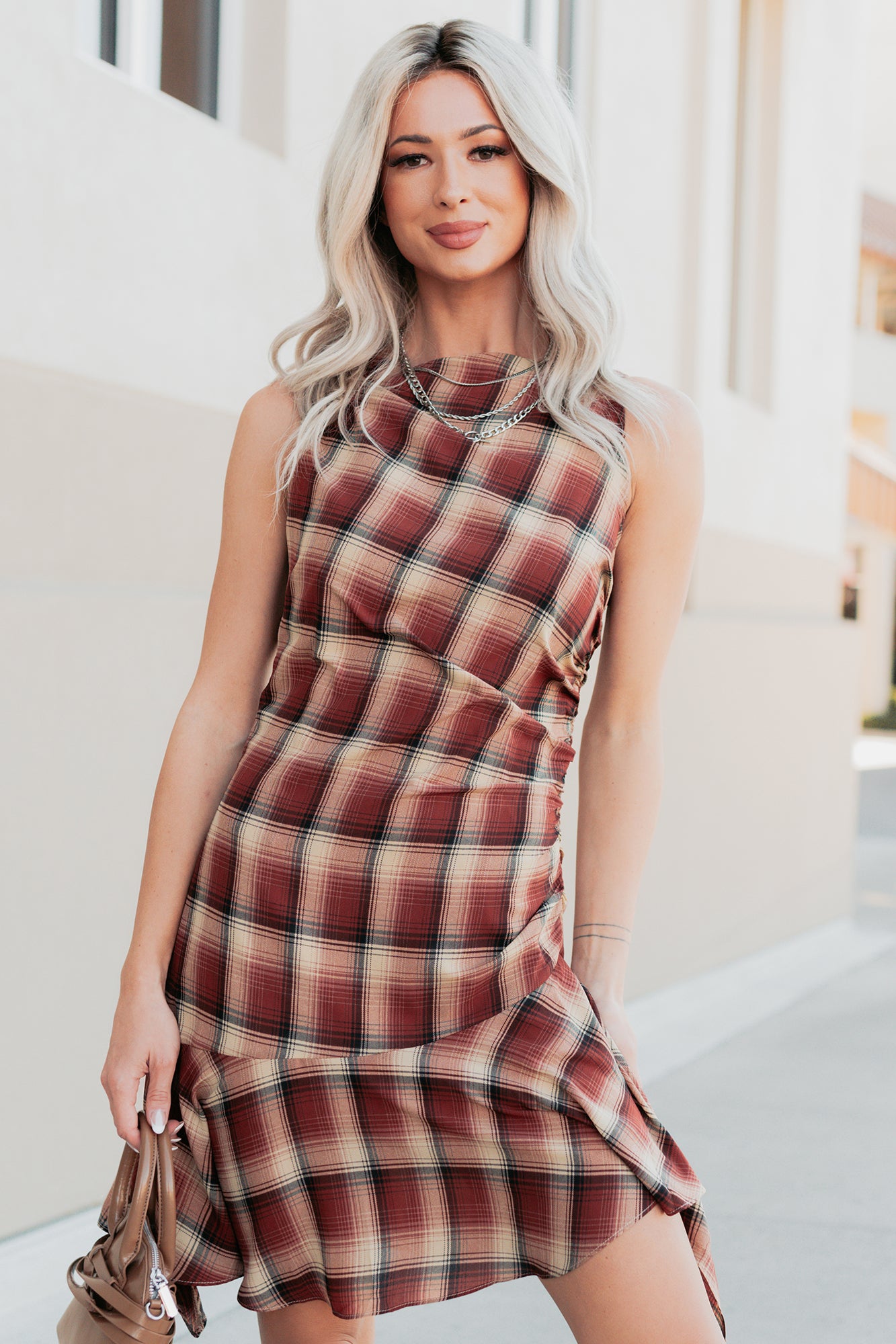 Women's Purely Hers Sleeveless Plaid Mini Dress in Rust Plaid - Size M Women's Purely Hers Sleeveless Plaid Mini Dress in Rust Plaid - Size M