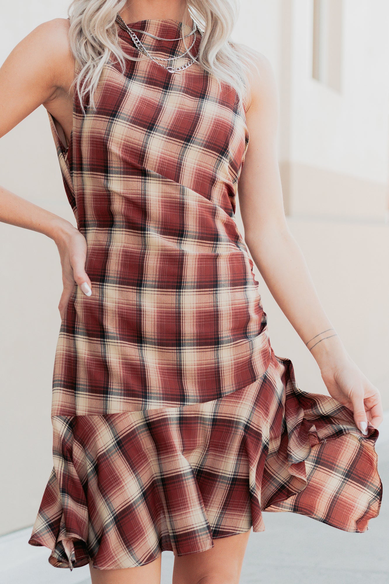 Purely Hers Sleeveless Plaid Mini Dress (Rust Plaid) - NanaMacs